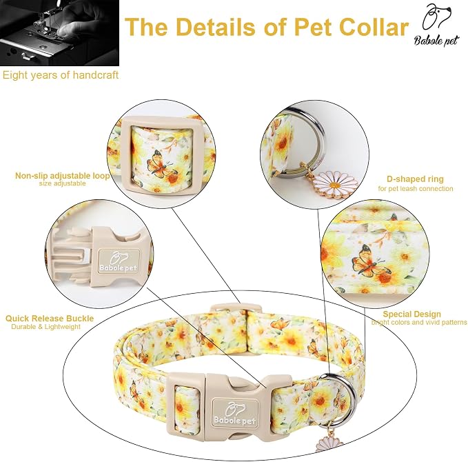 Sunflower Dog Collar, Adjustable Cute Dog Collars for Medium Dogs, Lightweight Summer Fall Pet Collar with Quick-Release Buckle for Boy&Girl Dogs M