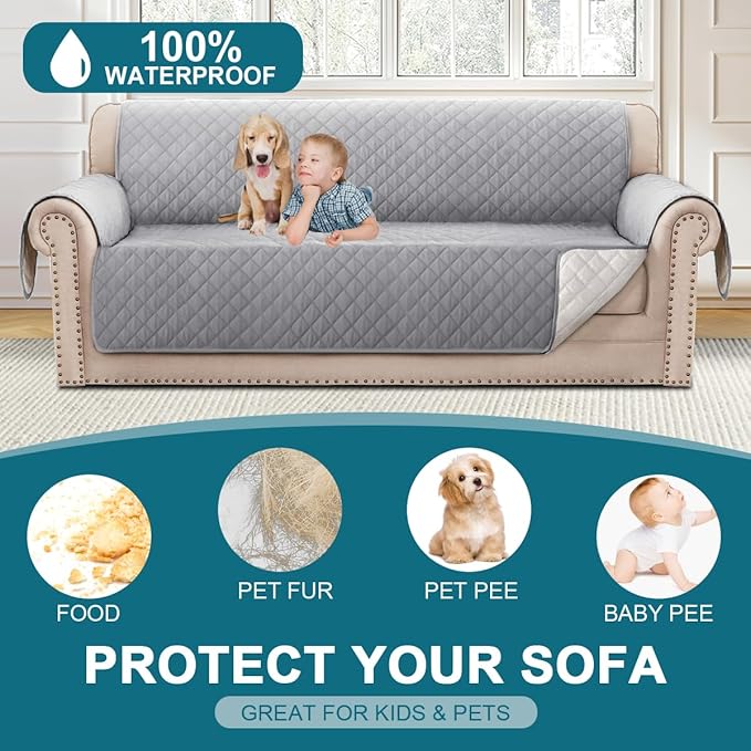 Turquoize 100% Waterproof Sofa Covers Couch Cover Sofa Cover for Dogs Couch Protector Triple Non-Slip Sofa Slipcover for 3 Cushion Couch Furniture Protector for Pets, Kids,Dog (Sofa 70", Dove Gray)