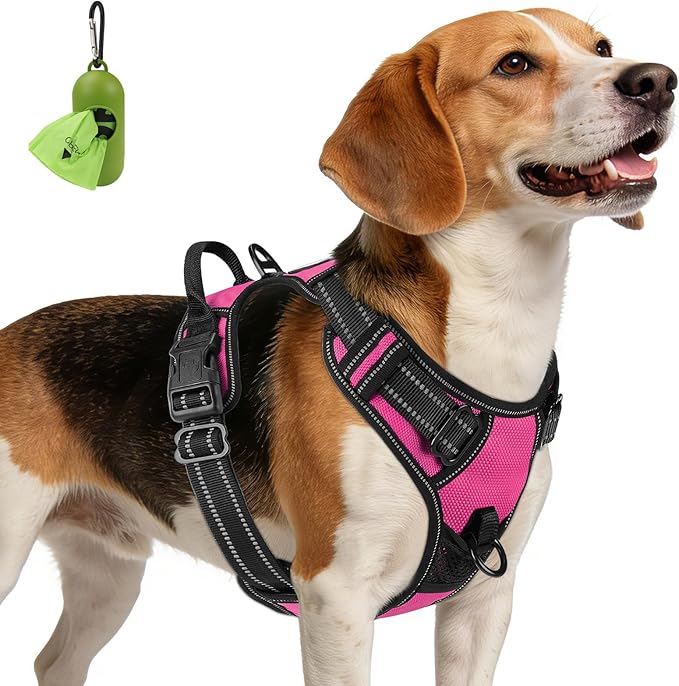 Joytale No Pull Dog Harness Medium Sized Dog, Reflective Pet Vest with Front Clip, Adjustable Soft Padded Harnesses with Easy Control Handle for Training and Walking, Hot Pink, M