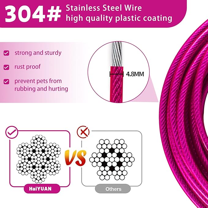 Dog Tie Out Cable 10/15/20/25/30/50 FT Runner for Yard Steel Wire Cable with Durable Superior Clips Pink Dogs Chains for Outside Dog Lead for Large Dogs Up to 165 lbs