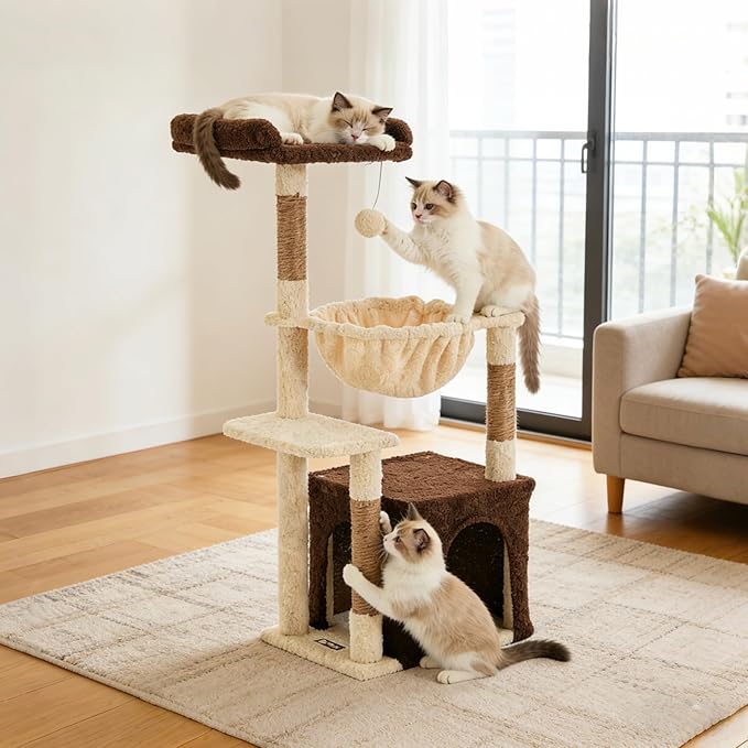 Cat Tree for Indoor Cats, 39.8-inch Cat Tower with 2 Plush Perches for Play & Rest, 1 Cozy Hideaway, Dangling Toy & Full Sisal Scratching Posts for Small Cats, Brown