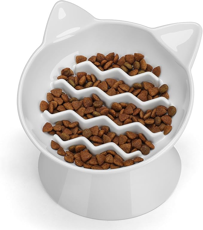 Ceramic Slow Feeder Cat Bowl, 2 Cups Tilted Elevated Cat Slow Feeder Bowl for Dry and Wet Food, Honeycomb Design for Preventing Vomiting & Bloating (White-Cute Kitten)