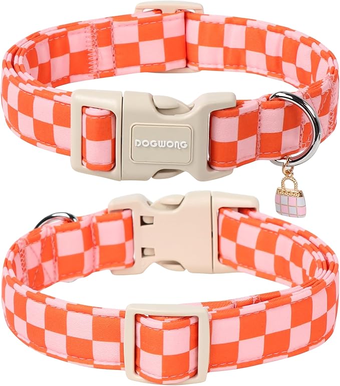 DOGWONG Pink Plaid Dog Collar, Pink Girl Dog Collars, Adjustable Cute Pet Collars Girl Design Dog Collar for Small Medium Large Dogs,XL