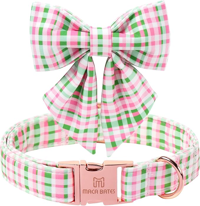Maca Bates Plaid Dog Collar with Sailor Bow Tie,Cherry Pink Green Gingham Pattern for Extra Large Girl Boy Dogs,Adjustable Durable Soft Collars Irish Gift for Male Female Puppy