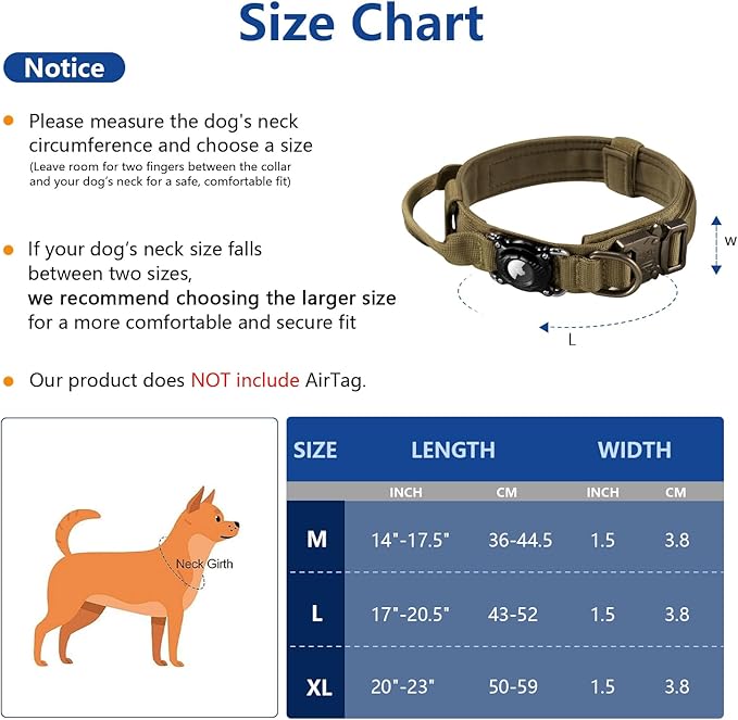 2026 Upgrade Military Tactical Dog Collar with Waterproof AirTag Holder - Heavy Duty Nylon GPS Tracking Collar with Control Handle & Metal Buckle for Medium Large Dogs (Khaki, L)