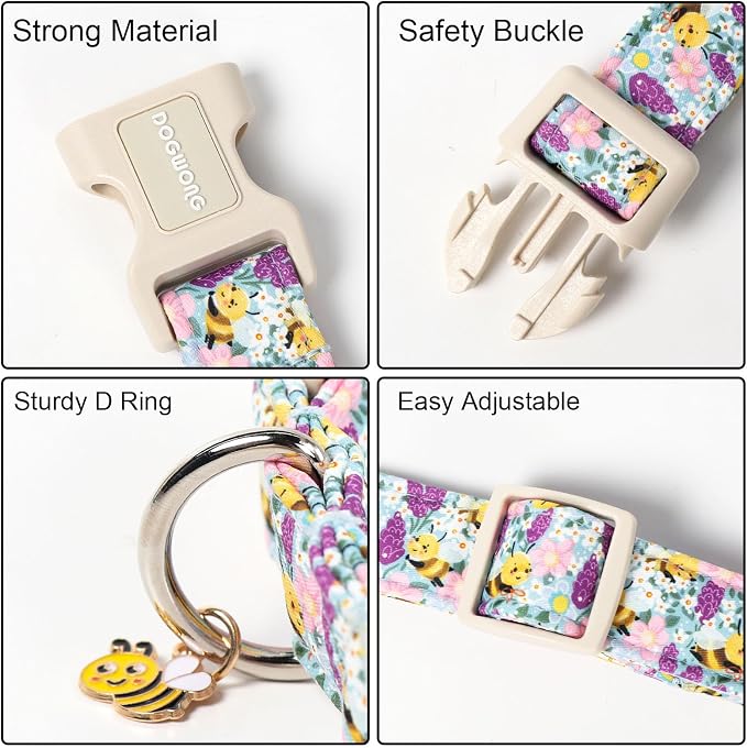 DOGWONG Spring Summer Dog Collar, Bee Floral Dog Collar with Plastic Buckle,Girl Female Dogs Collars for X-Small Puppies Dogs, Neck 8-12 inches