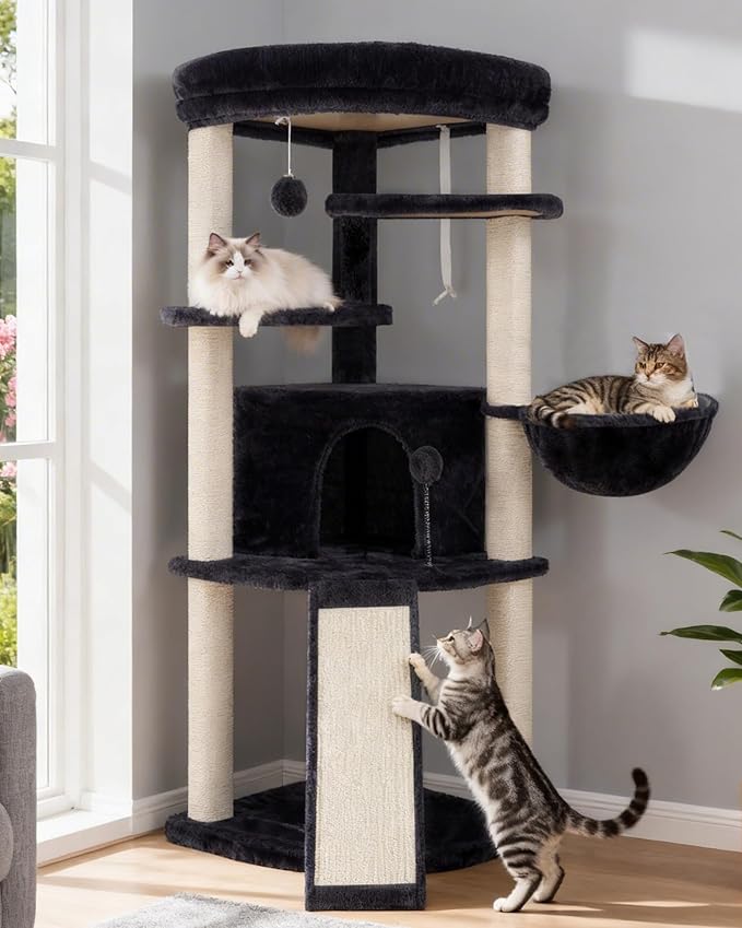 Gitelsnour Corner Cat Tree for Indoor Cats, Cat Tower with All Sisal Scratching Posts, Multi-Level Cat Condo wth Cat Cave, Large Top Perch, Hanging Basket, Sisal Scratching Ramp, Drak Gray GCT025G