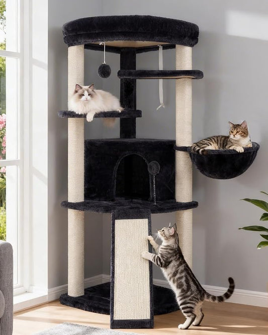Gitelsnour Corner Cat Tree for Indoor Cats, Cat Tower with All Sisal Scratching Posts, Multi-Level Cat Condo wth Cat Cave, Large Top Perch, Hanging Basket, Sisal Scratching Ramp, Drak Gray GCT025G