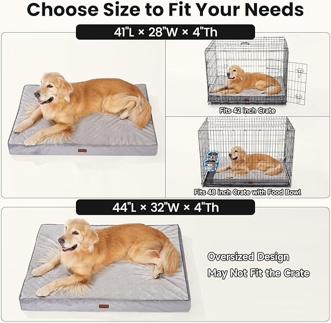 OhGeni Orthopedic Waterproof Dog Bed for Large Dogs, Machine-Washable Removable Cover in Easy-Clean Fabric, Reversible Memory Foam & Easy-Carry Handle, Wider and Larger, 44 inch (Gray)