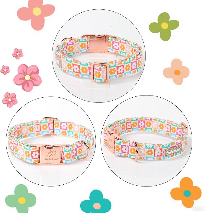 Spring Dog Collar, Pastel Checkered Flowers Pet Collar with Metal Buckle, Durable Adjustable Designer Dog Collars for Small Medium Large Dogs M