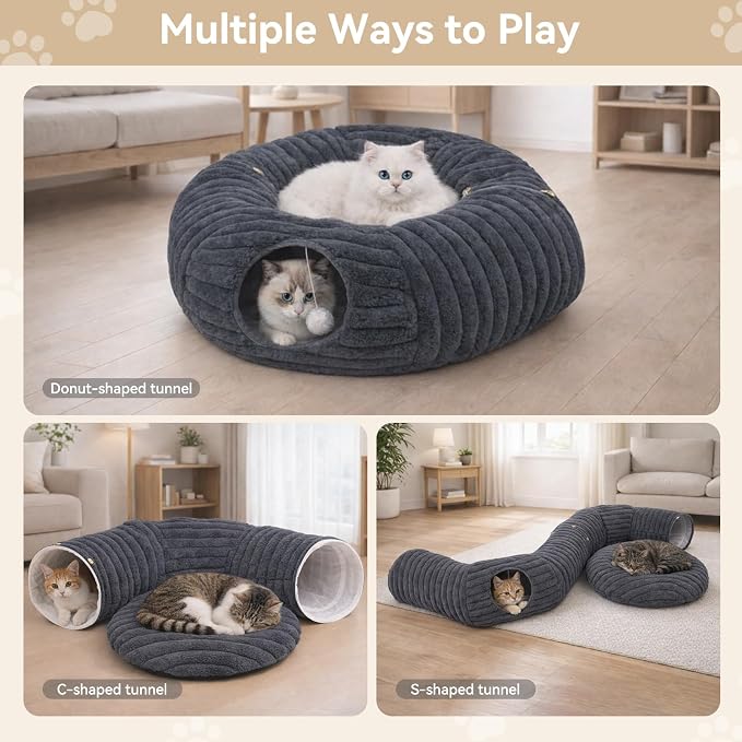Cat Tunnel Bed Cave - Soft Washable Cushion for Indoor Cats, Peekaboo Hideaway Cave for Indoor Cats, Kittens, Puppies, Rabbits, Luxurious Striped Hare-Feel Fabric, Tunnels for Indoor Cats Large