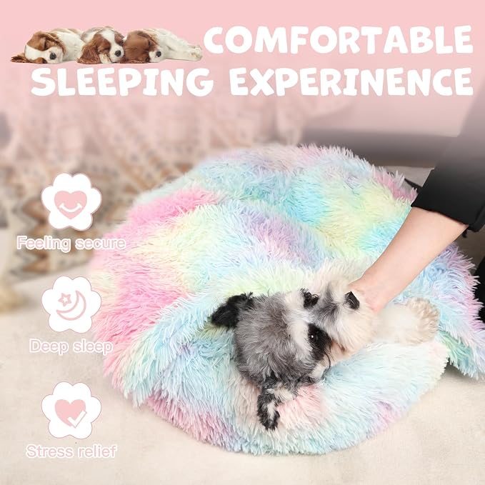 Himax Medium Dog Bed Washable, Round Dogs Beds with Blanket Attached, Calming Dog Bed, Multi-Colored (20"/26"/35")