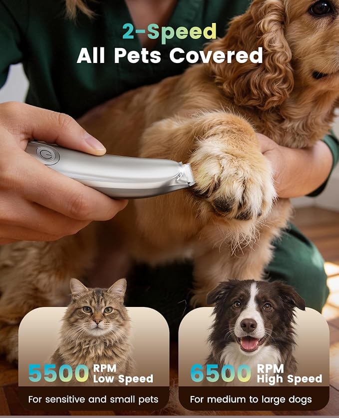oneisall Dog Paw Trimmer, 2-Speed Up to 6500 RPM, 35dB Low-Noise Safe Pet Paw Trimmers with Curved Blade and LED Light, Cordless Pet Grooming Paw Clipper for Dogs, Cats, Paws, Ears, Face, Rump