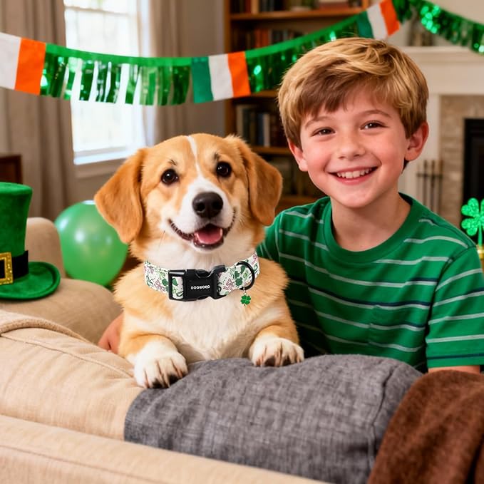 DOGWONG Green Dog Collar- Cute Trefoil Bowtie Dog Collars Adjustable St. Patrick's Day Puppy Clover Dog Collar for Small Medium Large Dogs XS