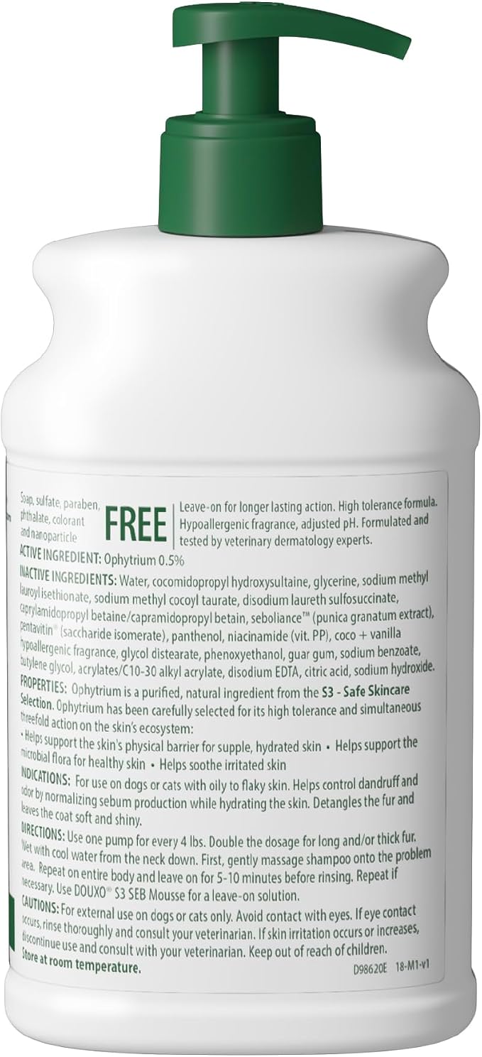 Douxo S3 SEB Dog Seboregulating Shampoo, Seborrhea Treatment for Dogs & Cats, Helps Control Dandruff, Unpleasant Odors & Oily/Flaky Skin, 0.5% Ophytrium, 16.9 fl oz