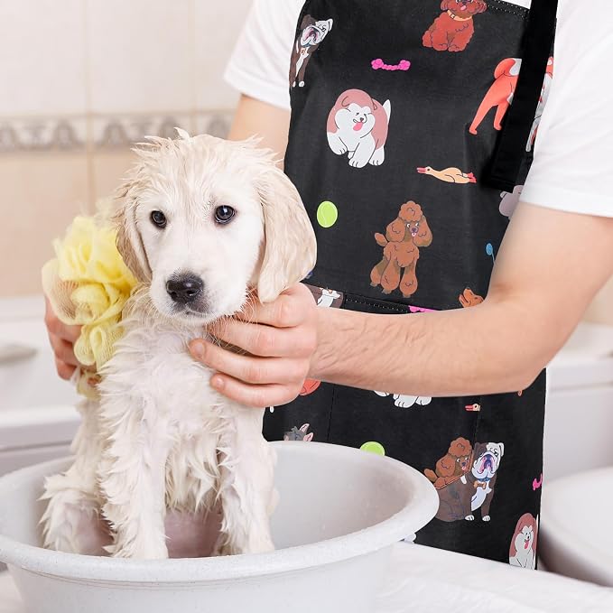 Dog Grooming Waterproof Apron with 2 Pockets, Cute Animals Puppy Dog Pets Apron