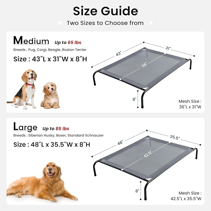 Love's cabin Elevated Cooling Dog Bed for Medium Dogs, Portable Indoor & Outdoor Raised Pet Dog Cat Cot, Durable Summer Frame with Breathable Mesh, Grey, 43" x 31.5" x 8"