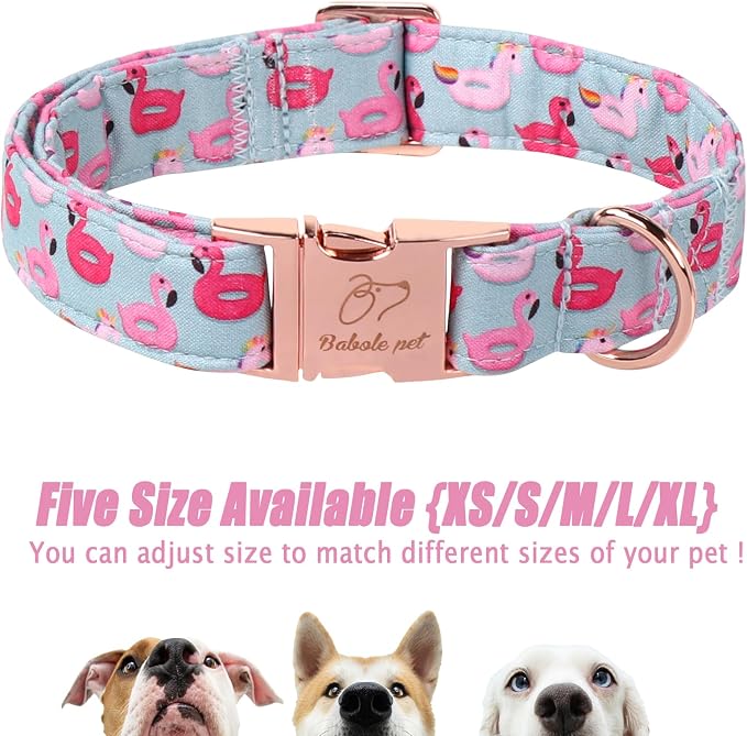 Adjustable Summer Dog Collar - Cute Pink Flamingo Dog Collars for Medium Dogs, Durable Boy Girl Dogs Heavy Duty Metal Buckle Collar M