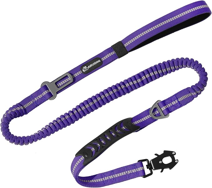 Heavy Duty Tactical Dog Leash, 4-6FT Shock Absorbing Bungee Lead with 2 Padded Handles, Metal Carabiner & Seatbelt Clip, Reflective No-Pull Leash for Medium/Large Dogs Purple