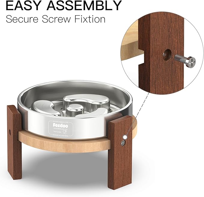 Elevated Dog Bowl Stand, 4'' Height Raised Stand for Small Dogs, Includes 1Cup Stainless Steel Slow Feeder Dog Bowl, Durable Solid Hardwood