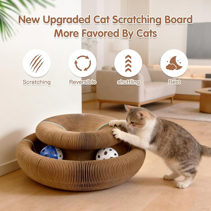 Extensible Cat Scratcher Cardboard Toy | Magic Accordion Scratching Pad with Bell Ball - Foldable & Reversible Interactive Kitty Play for Indoor Cats (2 Pack)