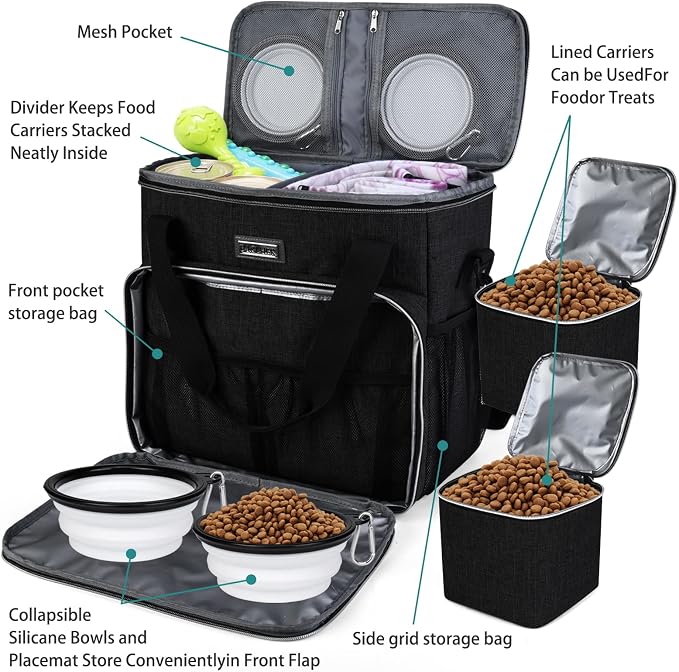 BAGLHER Dog Travel Bag, Pet Travel Bag (ALL Pet Travel Supplies), With 2 Pet Food Containers and 2 Collapsible Silicone Bowls; Essential Kits for Travel Black