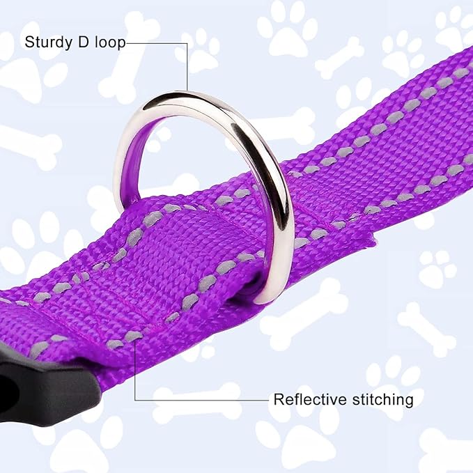 FunTags Length 16" - 24" Reflective Purple Dog Collar for Large Dogs – Night Walking & Training Safety, Durable Quick Release Buckle, Nylon, Comfortable Adjustable, Width 1"