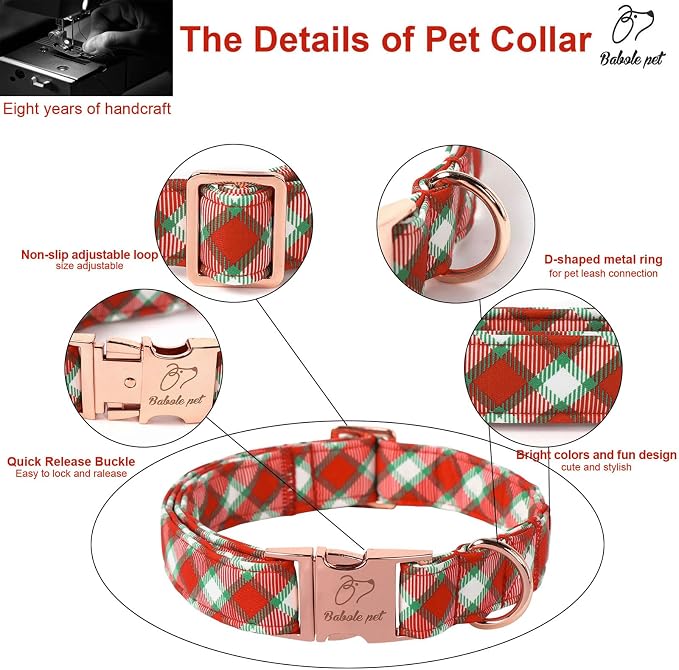 Christmas Dog Collar for Medium Dogs - Christmas Red Green Plaid Dog Collars, Adjustable Heavy Duty Pet Winter Holiday Collar with Metal Buckle M