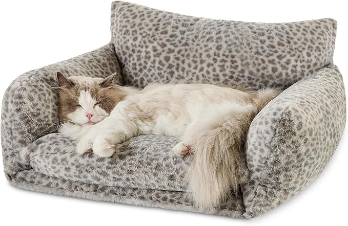 Hollypet Cat Bed Fluffy Plush Multifunctional Double-Layer Machine Washable Soft Warming Kitty Pet Couch Orthopedic Nest Beds for Small Cats Kitten and Dogs up to 13lbs, Snow Leopard(25x20x13 inch)
