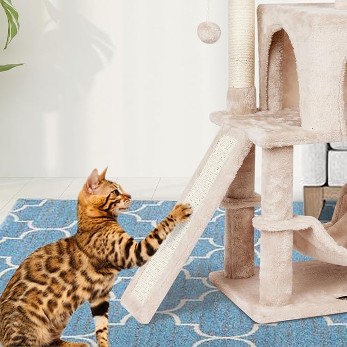 Cute Cat Tree Tower for Indoor Cat Tower with Scratching Post Modern Activity House Hammock Hanging Ball Condo with Board Beige