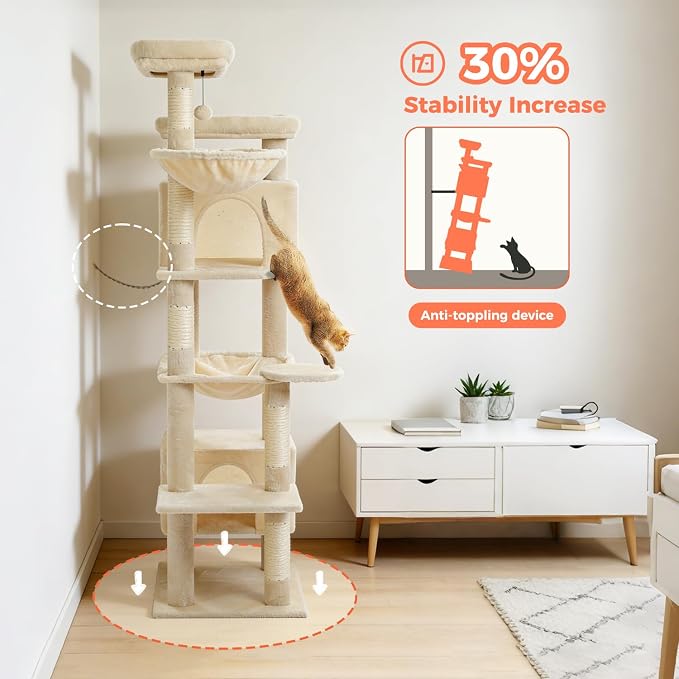 69” Tall Cat Tree for Indoor Cats Large Adult, Multi-Level Cat Tower with Scratching Post, Dual Top Perches, Big Hammock & 2 Spacious Condos, Cat Furniture for Multi-Cat Households, Beige