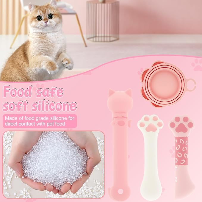 4 Pcs Pet Food Can Supplies Set, Cat Strip Feeder Spoon, Multi-Function Cat Treat Dispenser Spoon, Silicone Dog Cat Food Can Covers Lids Top, Cat-Sliding Dispenser for Wet Food - Easy to Scoop Food