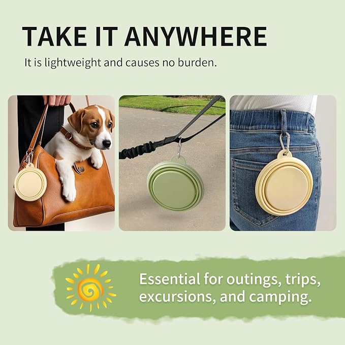 Collapsible Dog Bowls 2-Pack, Portable Travel Dog Bowl with Carabiner, Food-Grade Silicone Pet Bowl for Hiking, Walking(Macaron Yellow and Green)