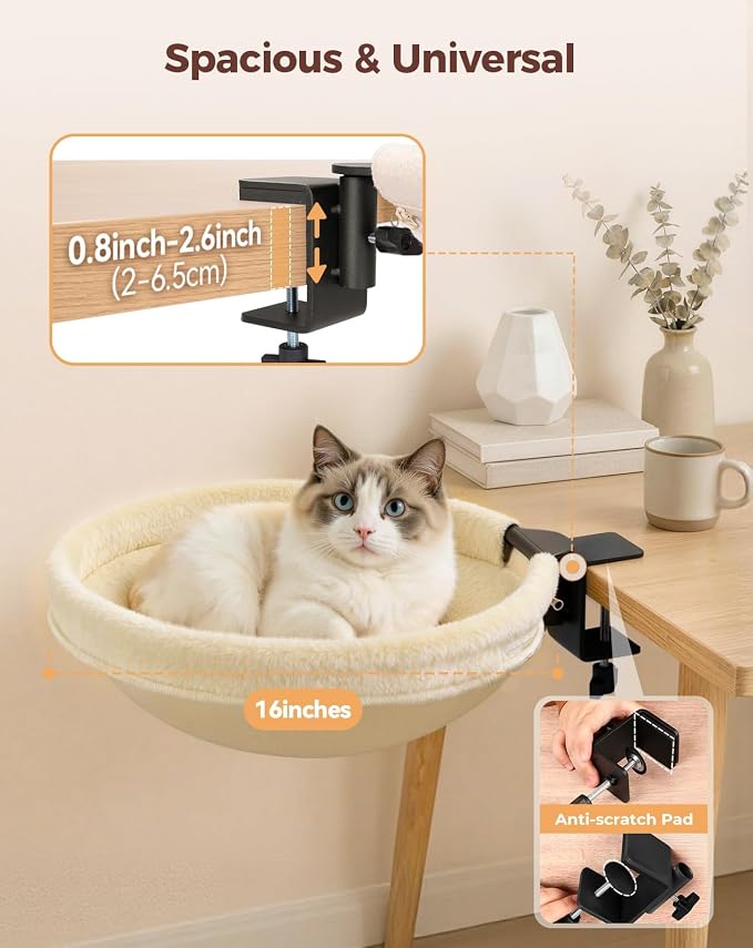 Petcozife Cat Desk Bed, 16"x16" Sturdy Rotating Cat Bed for Desk with Removable Washable Soft Fabric Hammock Cover, Stable Holds Up to 50 lbs, Space Saving Cat Perch for Home Office, Game Table