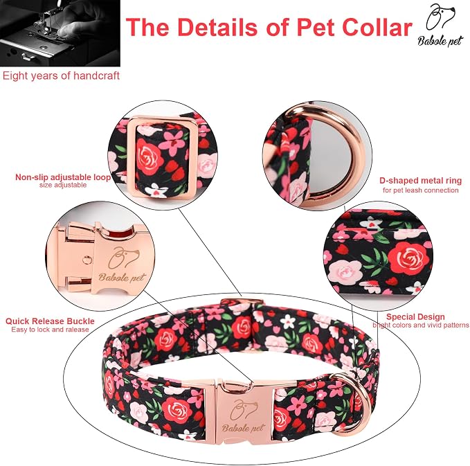 Floral Dog Collar - Rose Red Wild Flowers Pattern Cute Puppy Collar, Adjustable Winter Holiday Metal Buckle Dog Collars for Small Medium Large Dogs XL