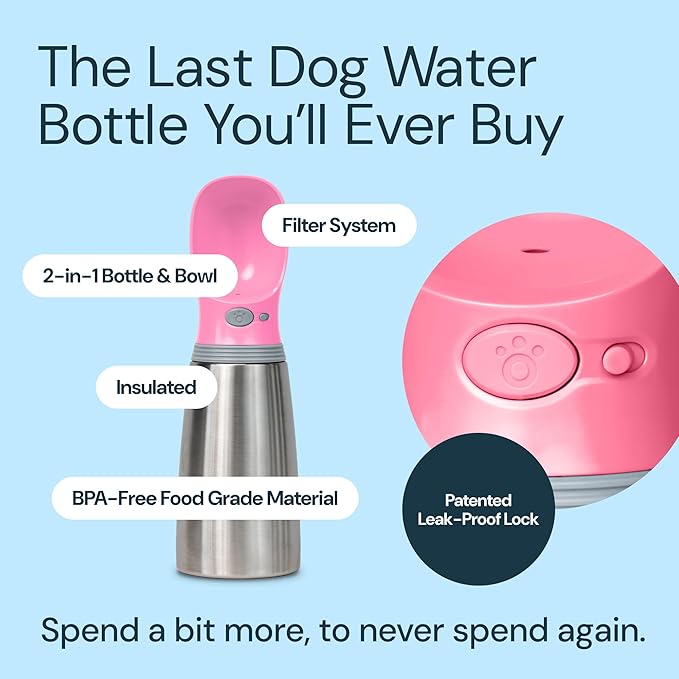 MalsiPree Insulated Dog Water Bottle - 24 Oz, Pink - Leak-Proof Stainless Steel Portable Travel Dispenser & Bowl for Trail Hiking, Park Visit, Camping & Beach Days