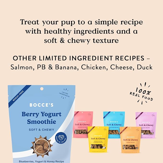 Bocce's Bakery Berry Smoothie Wellness Treats for Dogs, Wheat-Free Everyday Dog Treats, Made with Real Ingredients, Baked in The USA, Natural Soft & Chewy Cookies, 12 oz