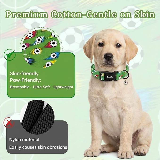 Soccer Dog Collar, Cute Green Puppy Collars with Adjustable Buckle, Soft Cotton Pet Collar for Small Medium Large Dogs, Girl or Boy Dog for Gifts & Daily Use-M
