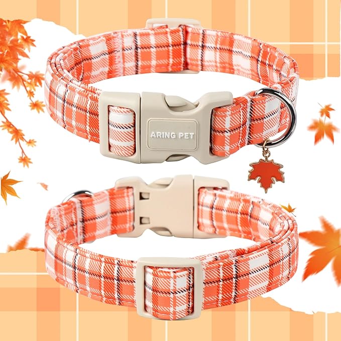 ARING PET Fall Dog Collars, Cute Orange White Plaid Halloween Autumn Pumpkin Maple Leaves Pet Collar with Quick Release Buckle for Small Medium Large Girl Boy Dogs-M