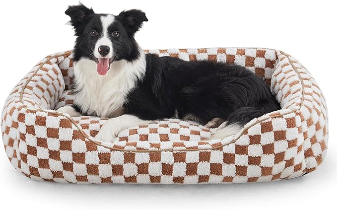 JOEJOY Dog Bed for Large Medium Small Dogs - Rectangle Orthopedic Dog Sofa Bed, Cute Modern Puppy Bed with Jacquard Shaggy Plush & Anti Slip Bottom, 35x25x10inches, Brown