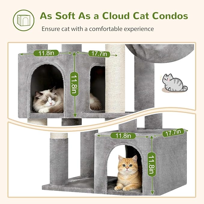 Globlazer 64in Corner Cat Tree for Large Indoor Cats, Space Saving Multi-Level Cat Tower with 2 Condos, 2 Hammocks, 4 Sisal Scratching Posts, C64, Light Grey