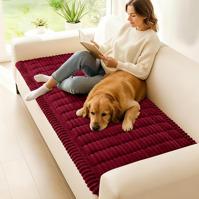 hyha Couch Cover for Dogs Washable, Non Slip Thick Flannel Sofa Protector, Pet Friendly Plush Furniture Cover for Sectional Sofa & Loveseat (Red, 27.6" x 95")