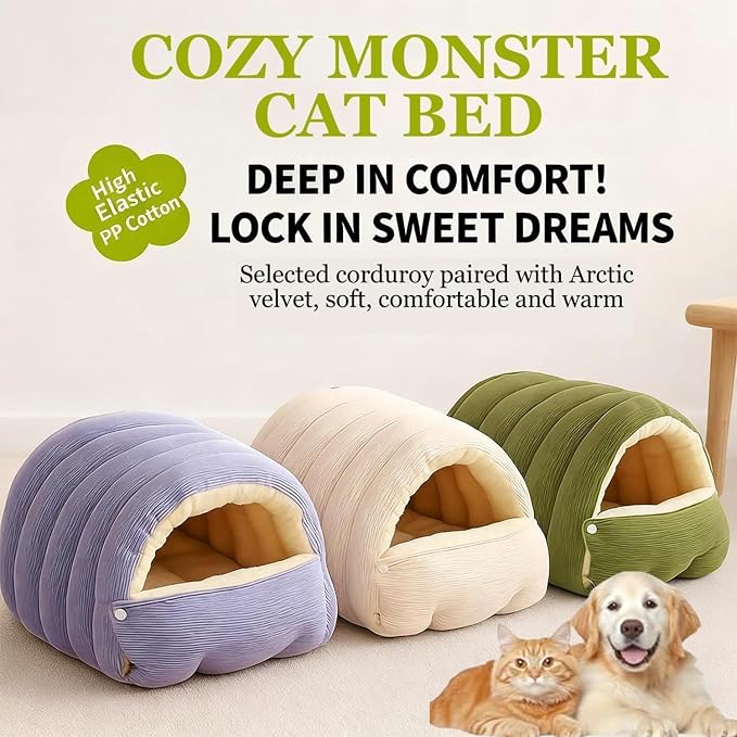 Cozy Monster Cat & Dog Cave, Indoor Washable Hideaway for Pets, Includes Removable Cover and Non-Slip Base. Cave-Style Design Provides a Comfortable Space for Cats and Dogs (Purple,Large)
