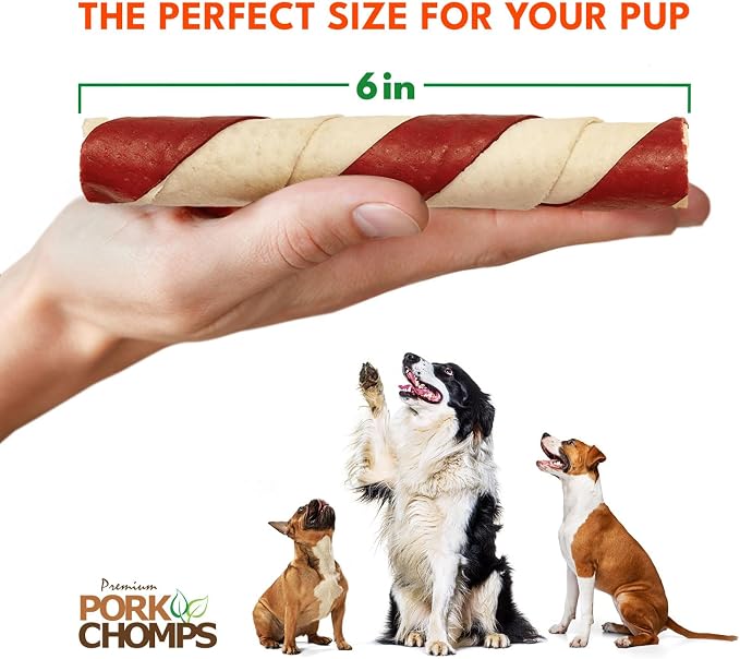Pork Chomps Baked Pork Skin Dog Chews, 6 Inch Twists, 4 Count - Bacon Flavor Wrap - Long-Lasting Treats for Dogs - High Protein, Rawhide-Free, Low Fat, Healthy & Delicious Chews