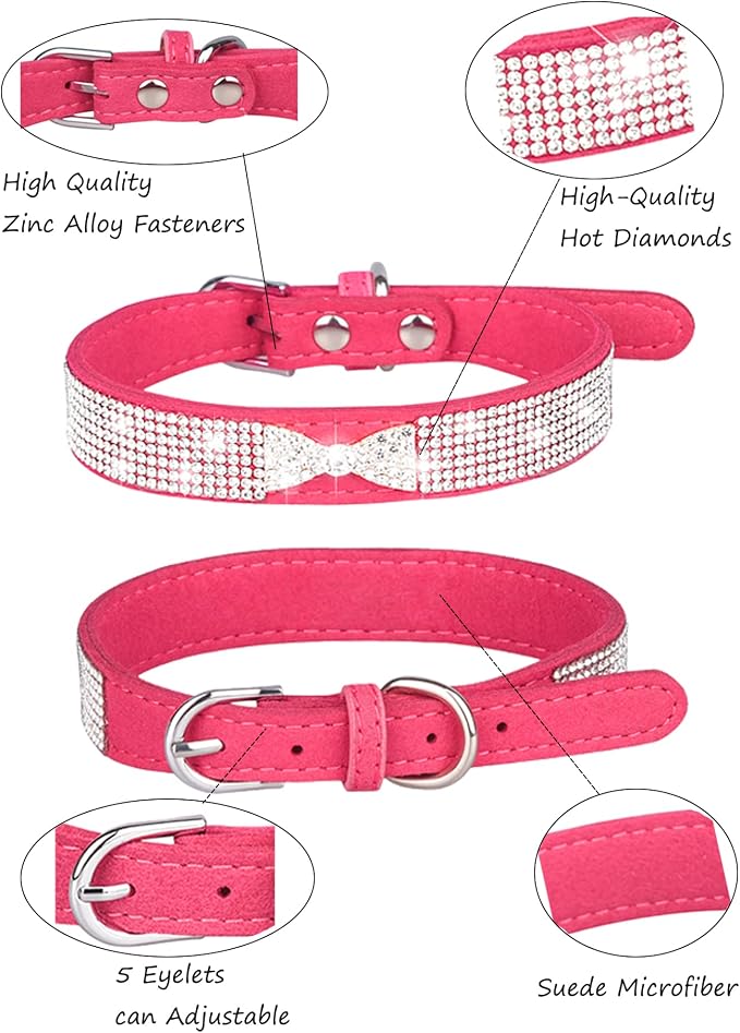Dog Collar for Small Dogs, Adjustable Leather Suede Bling Dog Collars，Pink Dog Collar Cat Collar, Rhinestone Dog Collar (M, Rose red4)