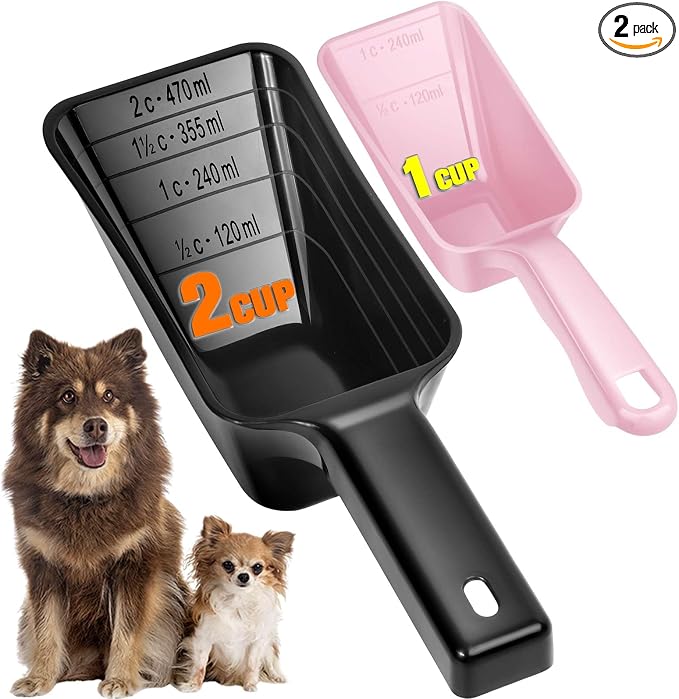 2-Pack Dog Food Scoop Set,1 Cup and 2 Cup Plastic Pet Food Measuring Scoops with Clear Measurement Lines,Multi-Purpose Pet Food Scooper for Dogs, Cats (Pink and Black)