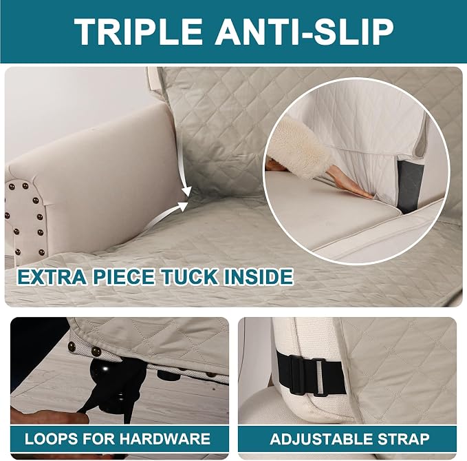 Turquoize 100% Waterproof Sofa Covers Chaise Lounge L Shape Sofa Protector Slip Cover Triple Non-Slip Sofa Slipcover for Sectional Couch Cover for Pets, Kids (Chaise, Pale Oak)