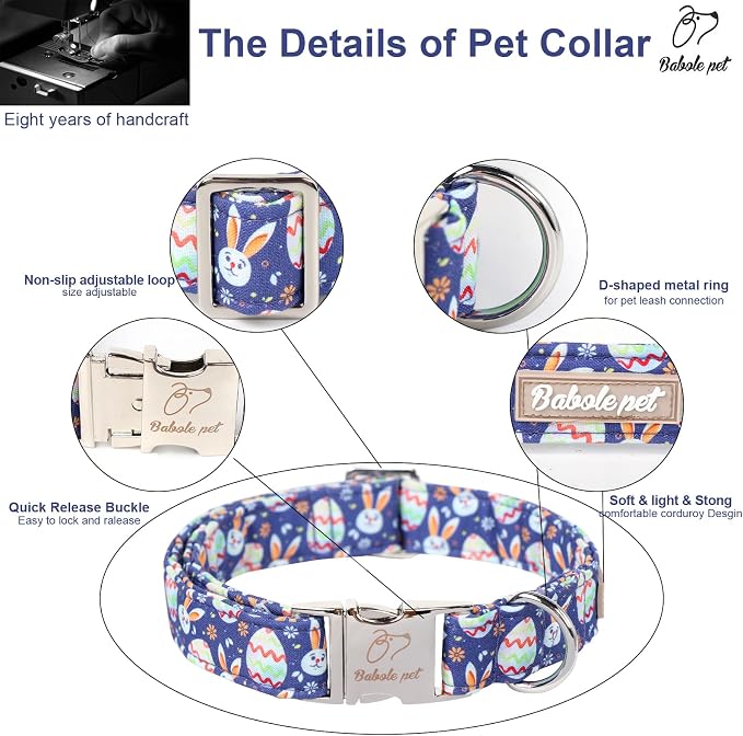 Easter Dog Collar, Cute Easter Bunny Eggs Pet Collar with Metal Buckle, Durable Adjustable Holiday Dog Collars for Small Medium Large Dogs XL
