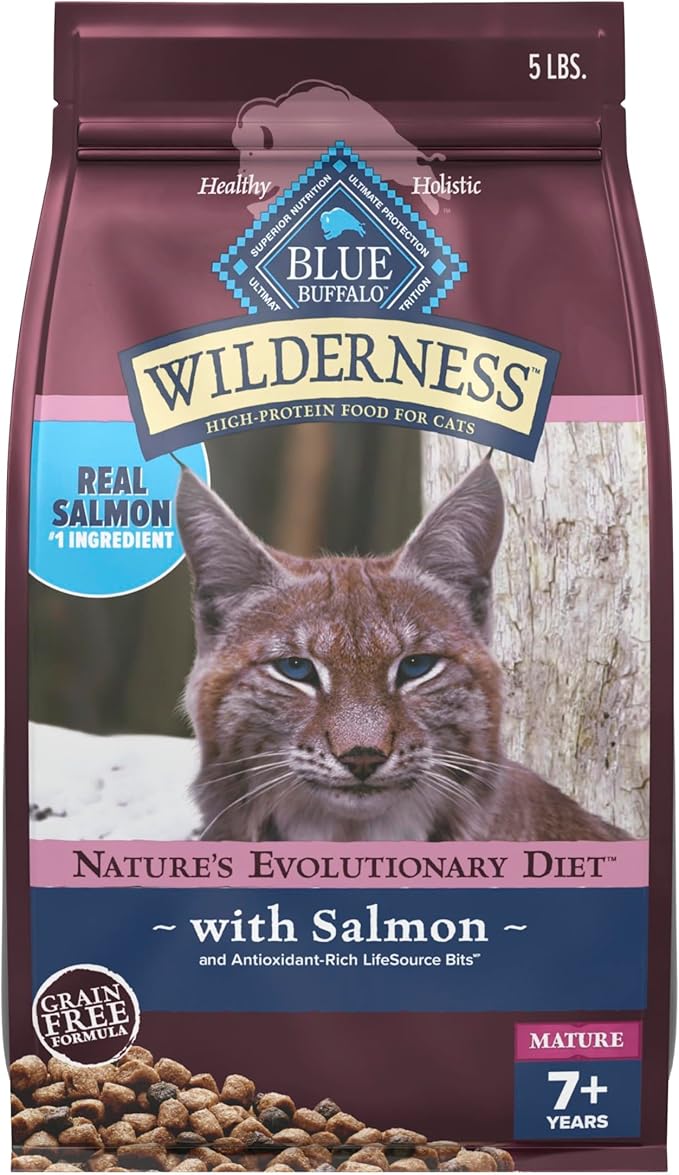 Blue Buffalo Wilderness High-Protein & Grain-Free Dry Food for Mature Adult Cats 7+, Made with Natural Ingredients, Salmon Recipe, 5lb Bag
