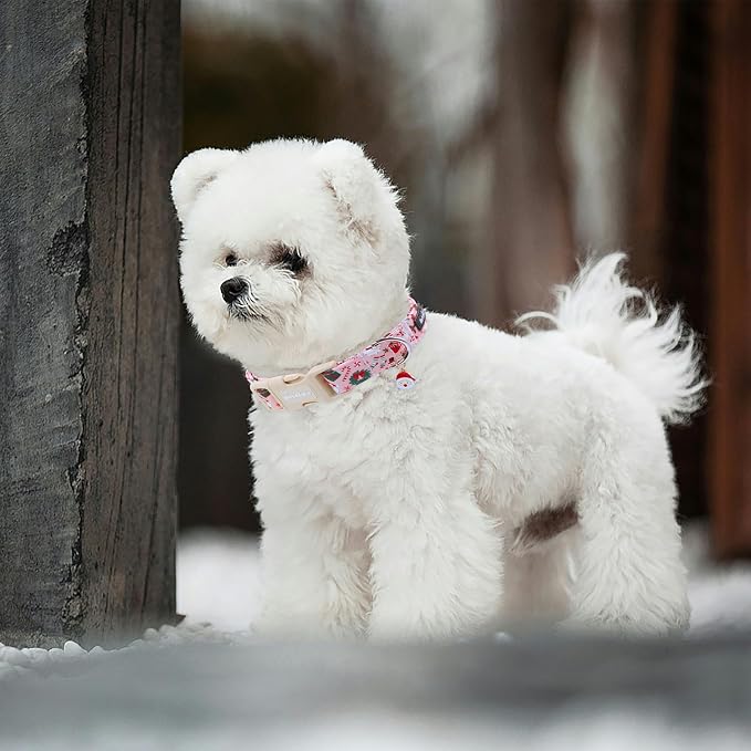 Christmas Dog Collar for Medium Dogs, Pink Cotton Medium Dog Collars with Santa & Snowman Patterrn, Adjustable Holiday Dog Collars, Cute Winter Collar for Girl Boy Dogs